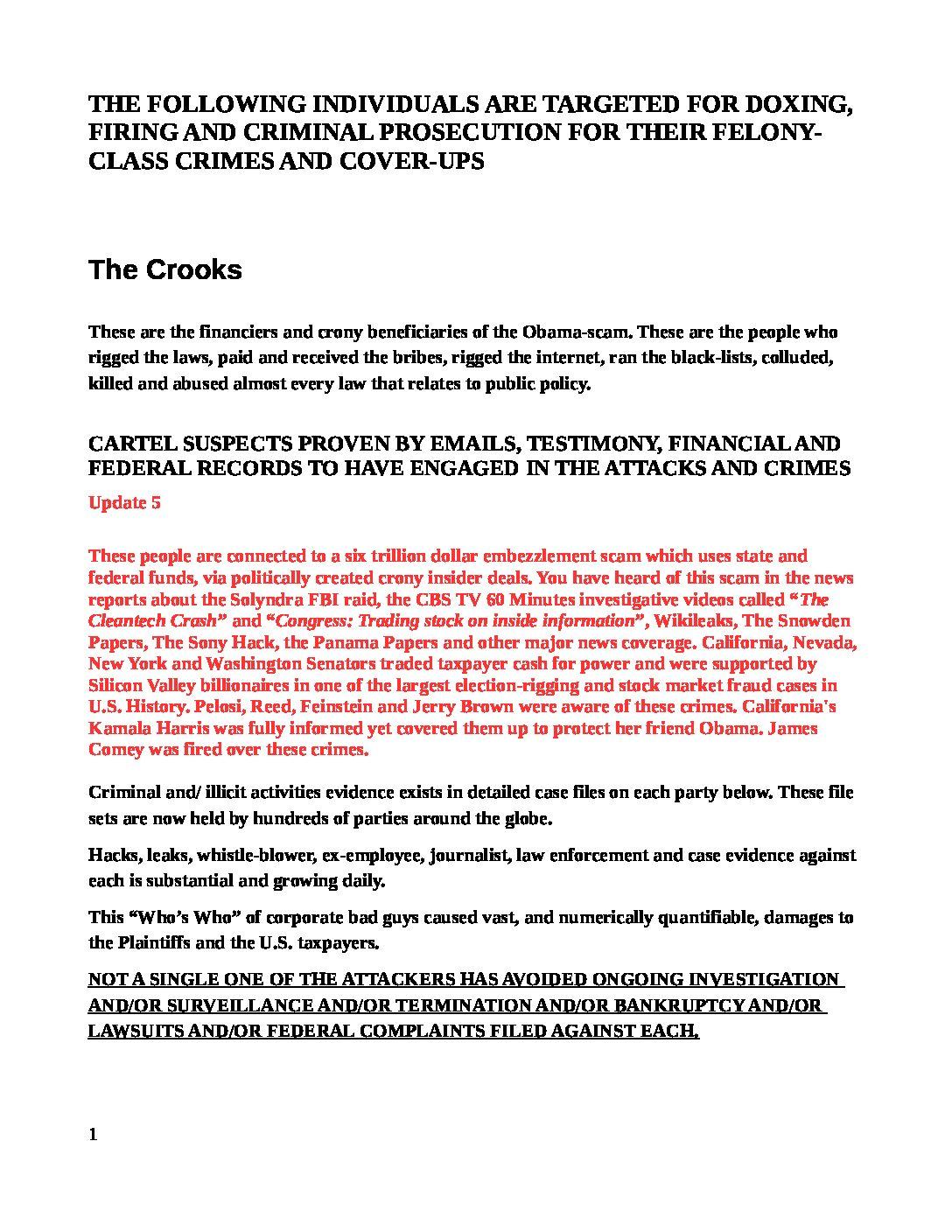 WHO-NEEDS-TO-BE-FIRED-AND-PROSECUTED-1.1-ELON-MUSK-IS-A-CROOK-AND-SCAMMER-pdf
Keywords: Rare Earth Mines Of Afghanistan, New America Foundation Corruption, Obama, Obama Campaign Finance, Obama FEC violations, Palo Alto Mafia, Paypal Mafia, Pelosi Corruption, Political bribes, Political Insider,  Eric Schmidts Sex Penthouse, SEC Investigation